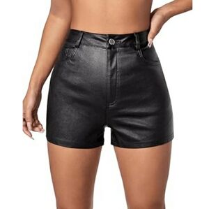 High Waisted Leather Look Stretchy Skinny Denim Black Shorts